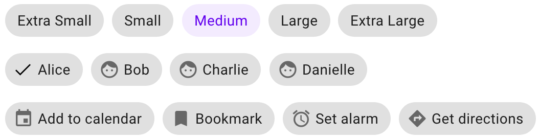 screenshot of rows of material design chips showing radio, checkbox, and button functionality