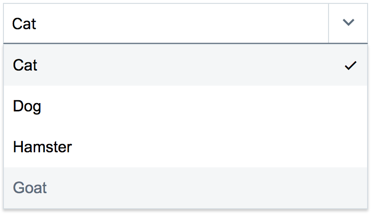 screenshot of a combobox allowing the user to choose a cat, dog, hamster, or goat. Cat is the clearly superior choice.