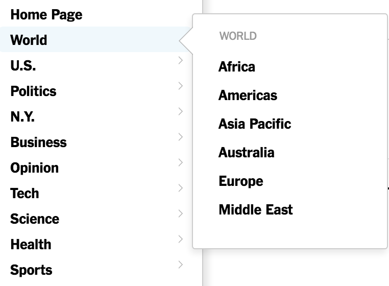a screenshot of the new york times navigation menu