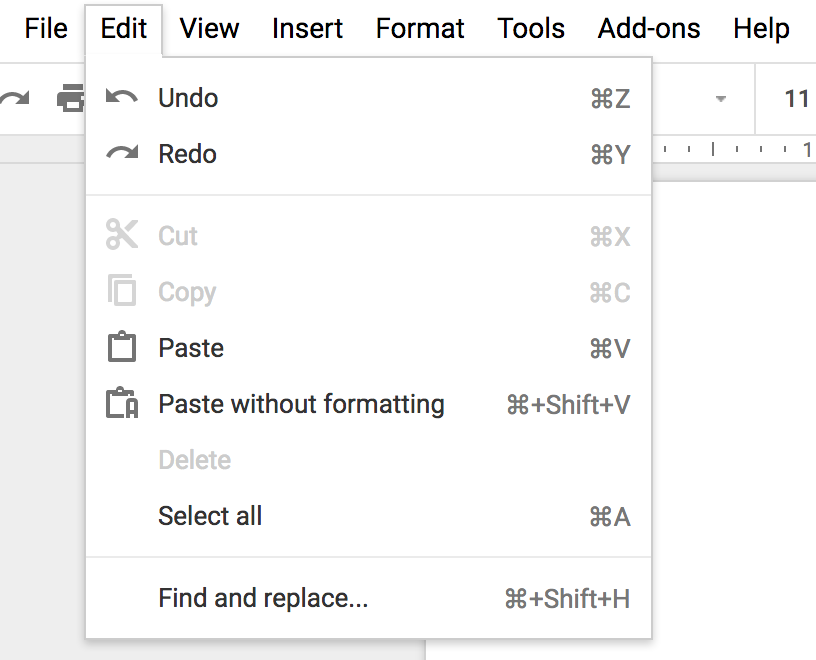 a screenshot of the google docs editing menu