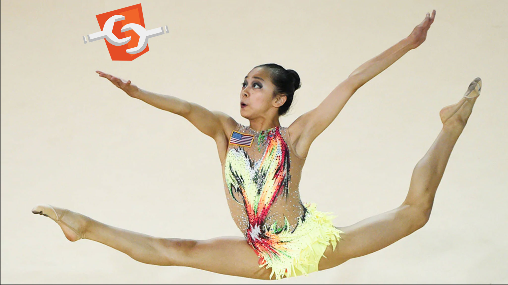 A rhythmic gymnast doing a split leap while juggling the web components icon