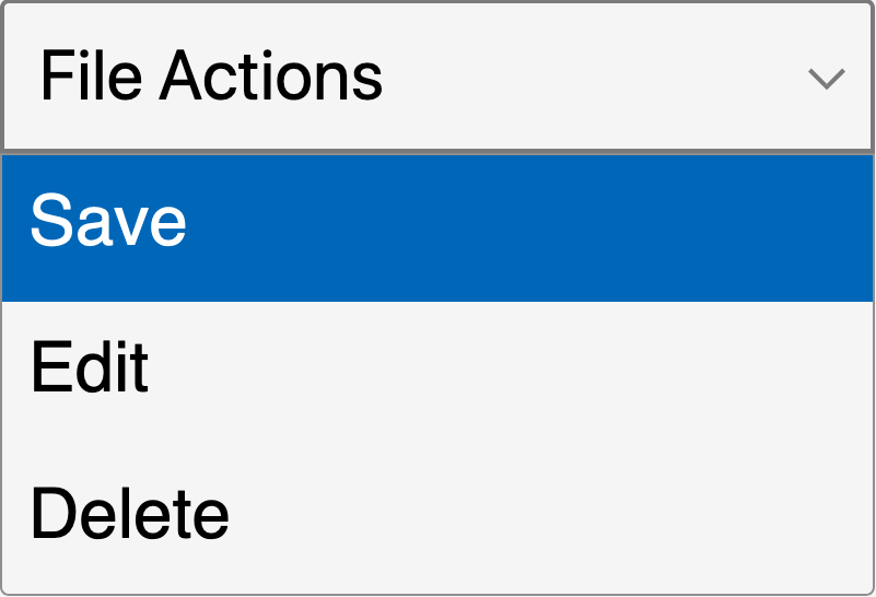 An open file actions dropdown menu with three actions: save, edit, and delete