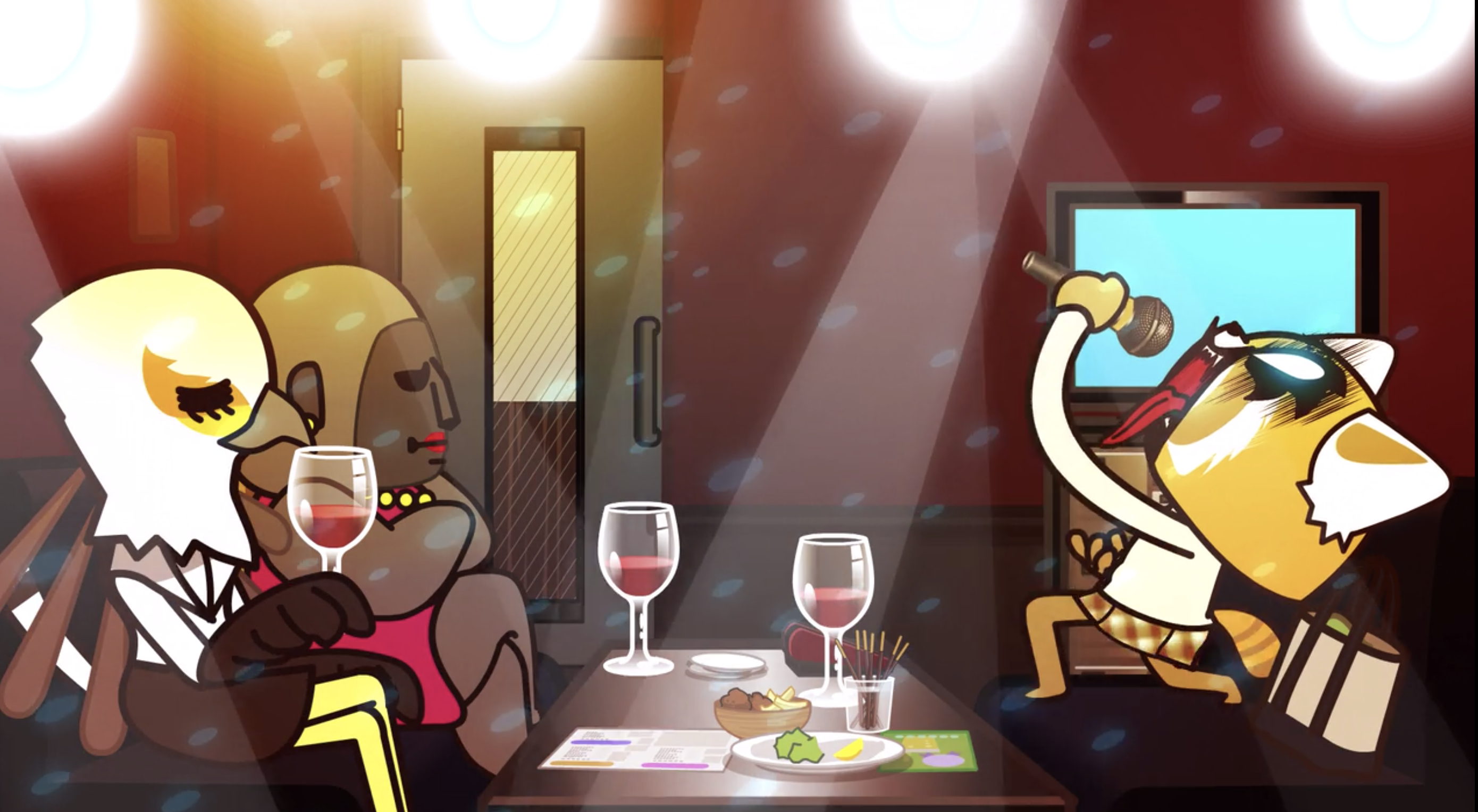 aggretsuko screams into a karaoke mic while sharing wine with two of her friends