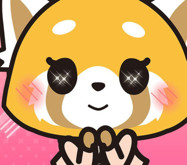 Retsuko is starry-eyed and eager, surrounded by bishie sparkles