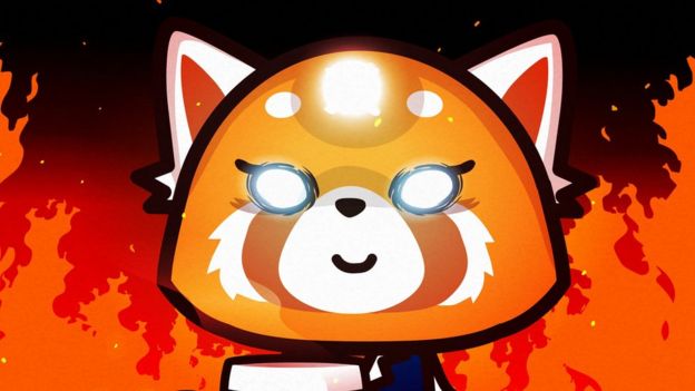 Aggretsuko, still in office mode with an obviously fake smile, holds her coffee cup while entirely surrounded by background flames. It really seems like her eye must be twitching.