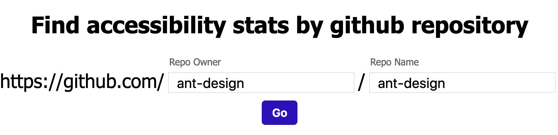 A screenshot of a form field collecting github repository URL information for ant-design, under the heading 'Find accessibility stats by github repository'.