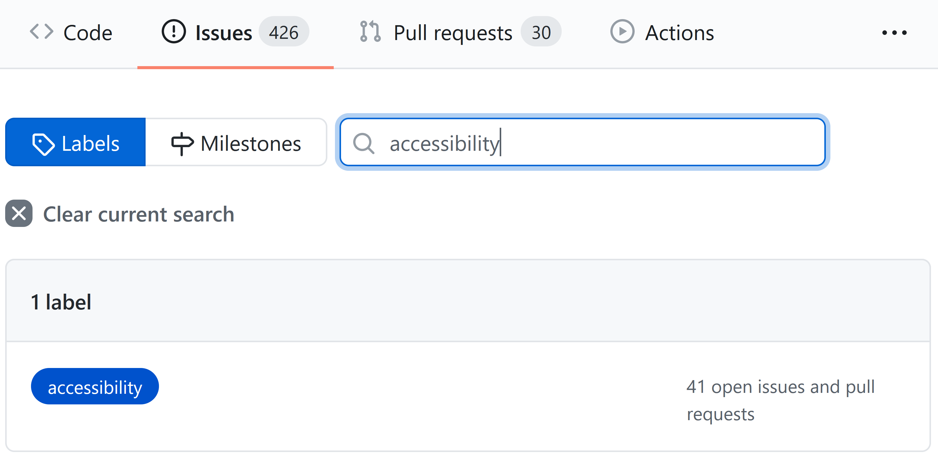 a github label search on an anonymous repository showing 41 open issues and PRs labelled with accessibility.