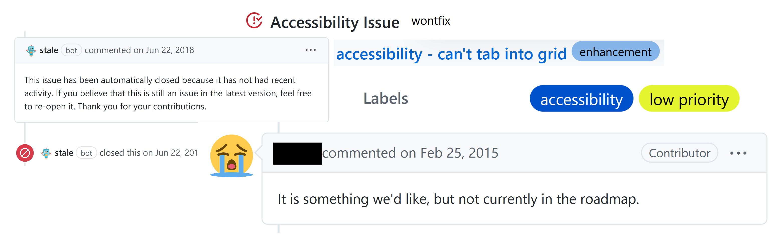 screenshot of multiple github labels and responses on accessibility issues, including a bot auto-closing an issue as stale; issues labeled won't fix, enhancement, and low priority; and a contributor commenting that it's something they would like, but not on the roadmap.