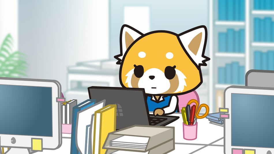 Retsuko working calmly at her computer during the day