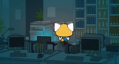 Retsuko in a dark room at night running around her desk screaming