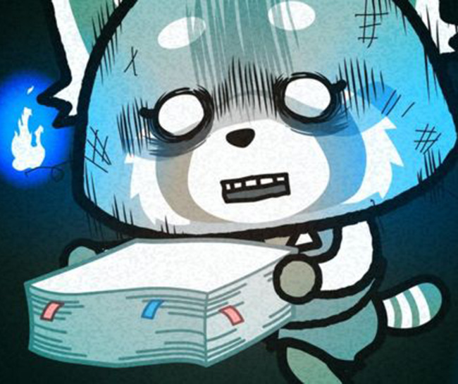 Aggretsuko staggers under a huge pile of papers with deep shadows under her eyes, surrounded by little blue flames