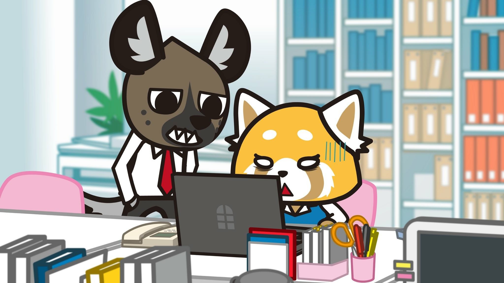 Retsuko looking at her computer while Haida watches over her shoulder, both looking nonplussed.