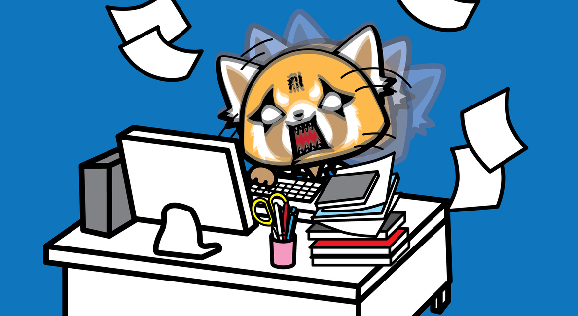 aggretsuko, an aggrieved red panda, working furiously at her computer as papers go flying