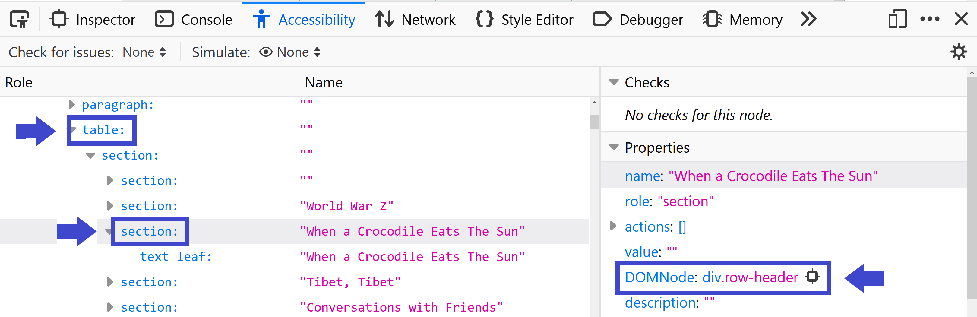 screenshot of the table being inspected in Firefox, with the table node highlighted, and one of the cells highlighted as a div with a class of row-header. Opens working example in a new window.