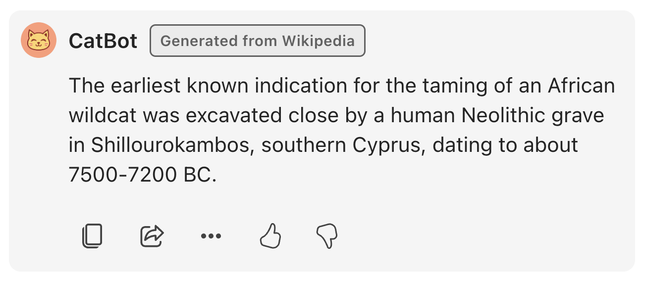 a single chat message containing the following: a cat avatar followed by the name CatBot, a generated from wikipedia tag, a block of message text about taming african wildcats, and a set of 5 icon buttons including copy, share, more actions, etc.