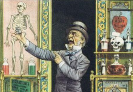 an illustration of a man with white sideburns and a grey suit and top hat gestures grandly at a tiny medicine bottle with his mouth open comically