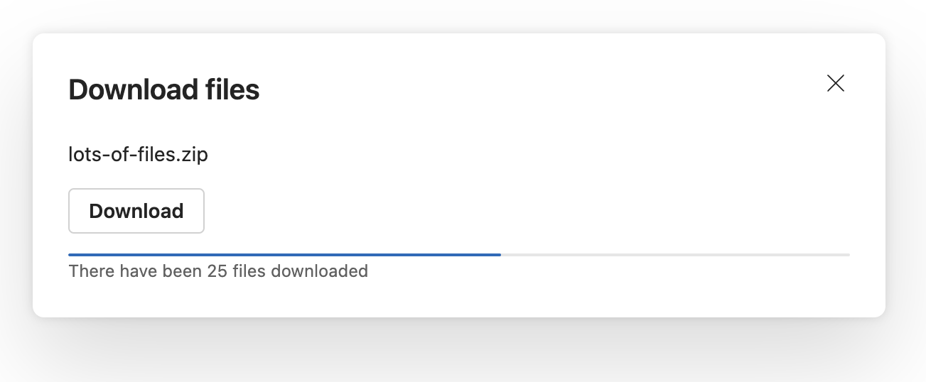 screenshot of a downloads dialog with a visual progressbar and text that says there have been 25 files downloaded