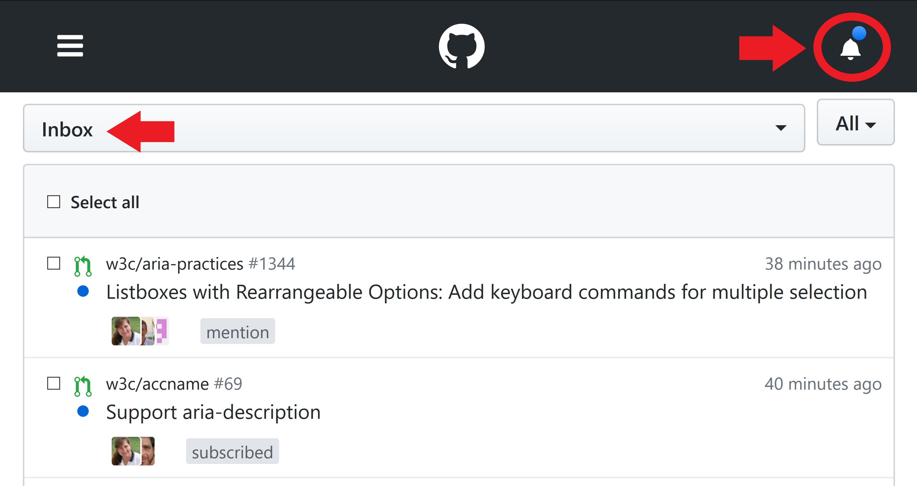 github notification center showing bell icon in the top bar and the page content is a notification inbox with two unread messages