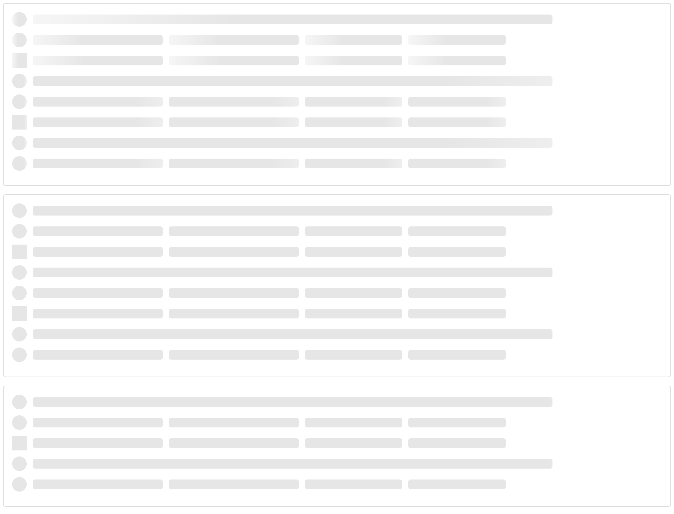 way too many skeleton loaders on a page, arranged in roughly 3 sections with about 8 rows of shimmering loaders each