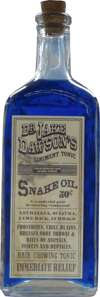 a old timey glass bottle with blue liquid, and the label says dr. jake dawson's liniment tonic, snake oil. 50 cents.