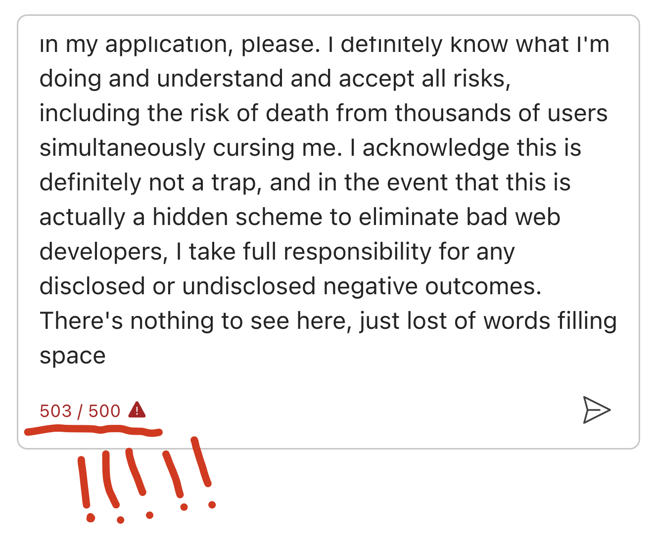 screenshot of the same textarea with more text in it, the word count is now red and at 503 of 500, and there are red exclamation mark annotations scribbled over the screenshot.