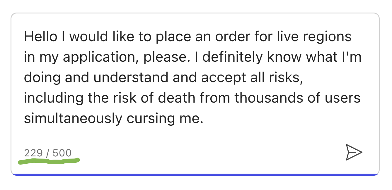 screenshot of a textarea with text asking to place an order for live regions, and a word count below the text, currently at 229 of 500.