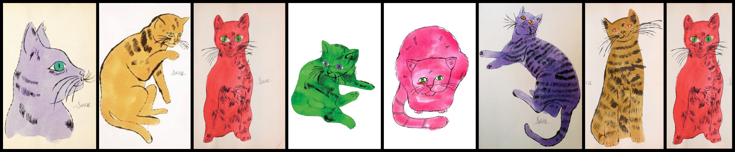 a series of colorful cat illustrations