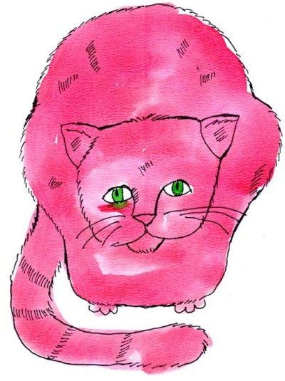 pink illustrated cat, looking up