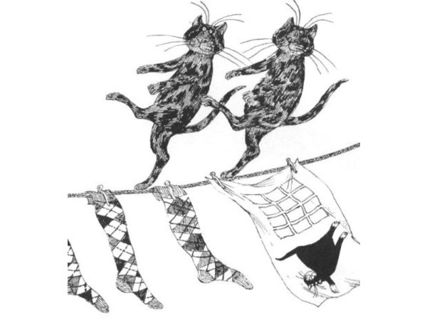 two cats dancing on top of a laundry line