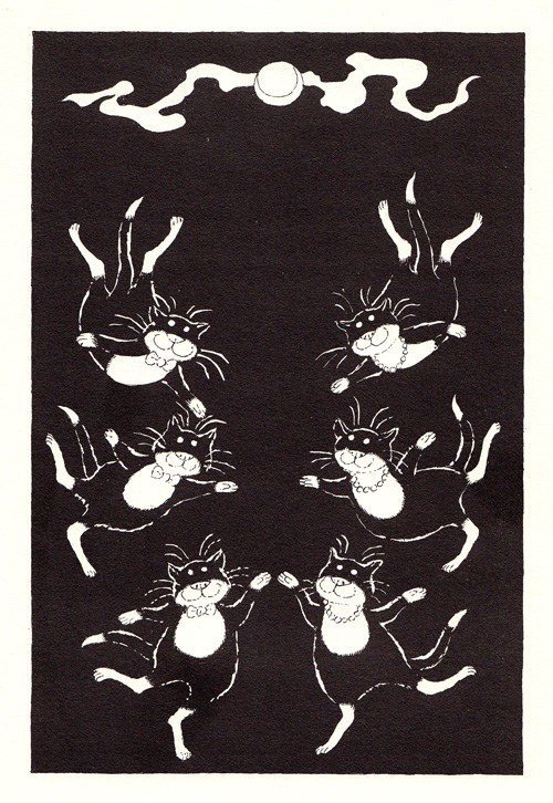 six cats under a moonlit sky in different states of dancing