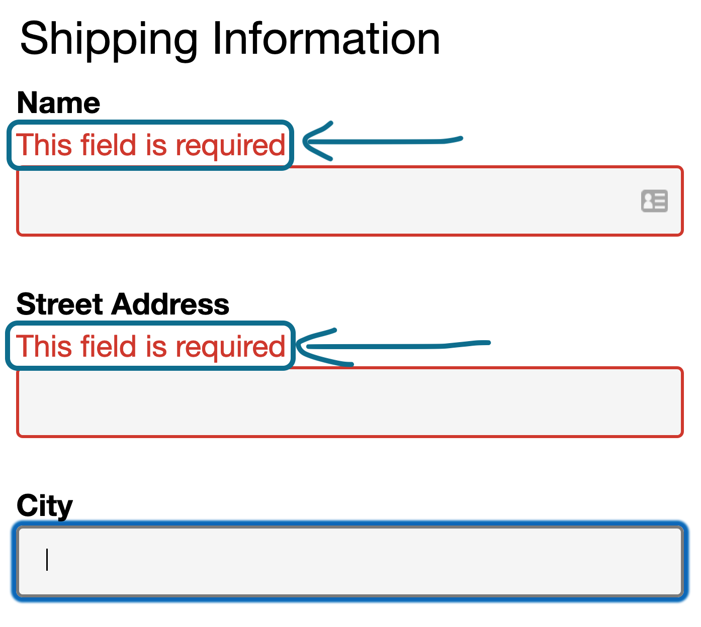 Sample shipping form showing two inline form errors highlighted