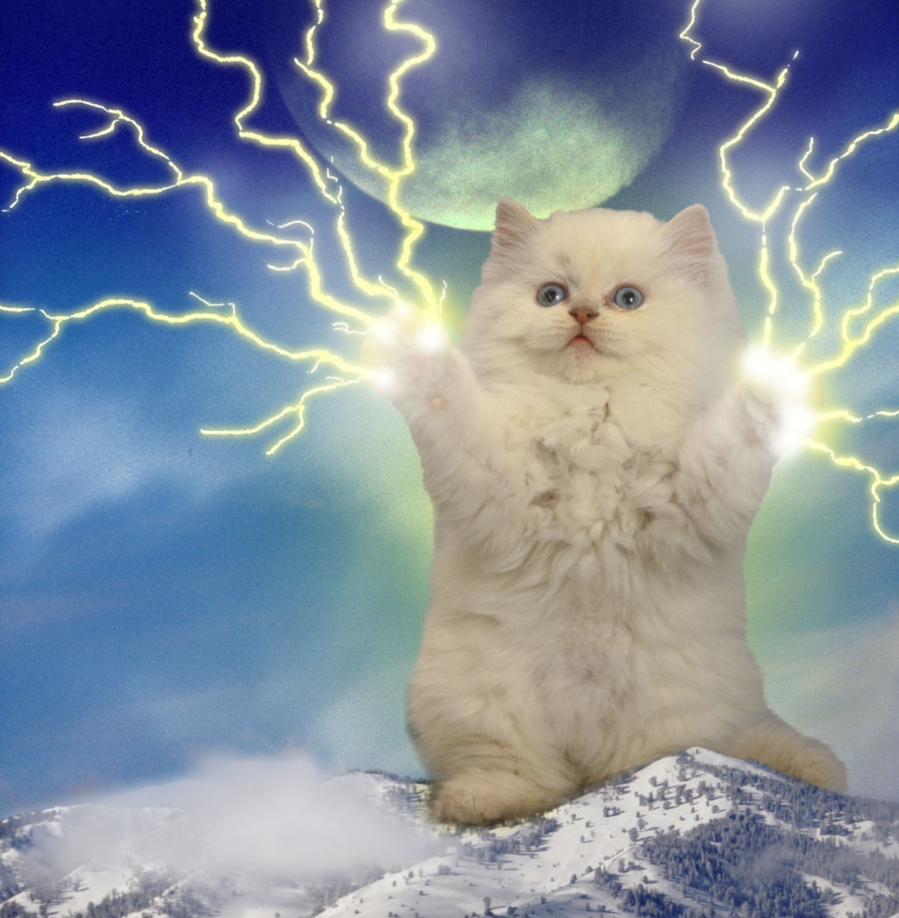 kitten standing atop a mountain range, shooting lightning from its paws