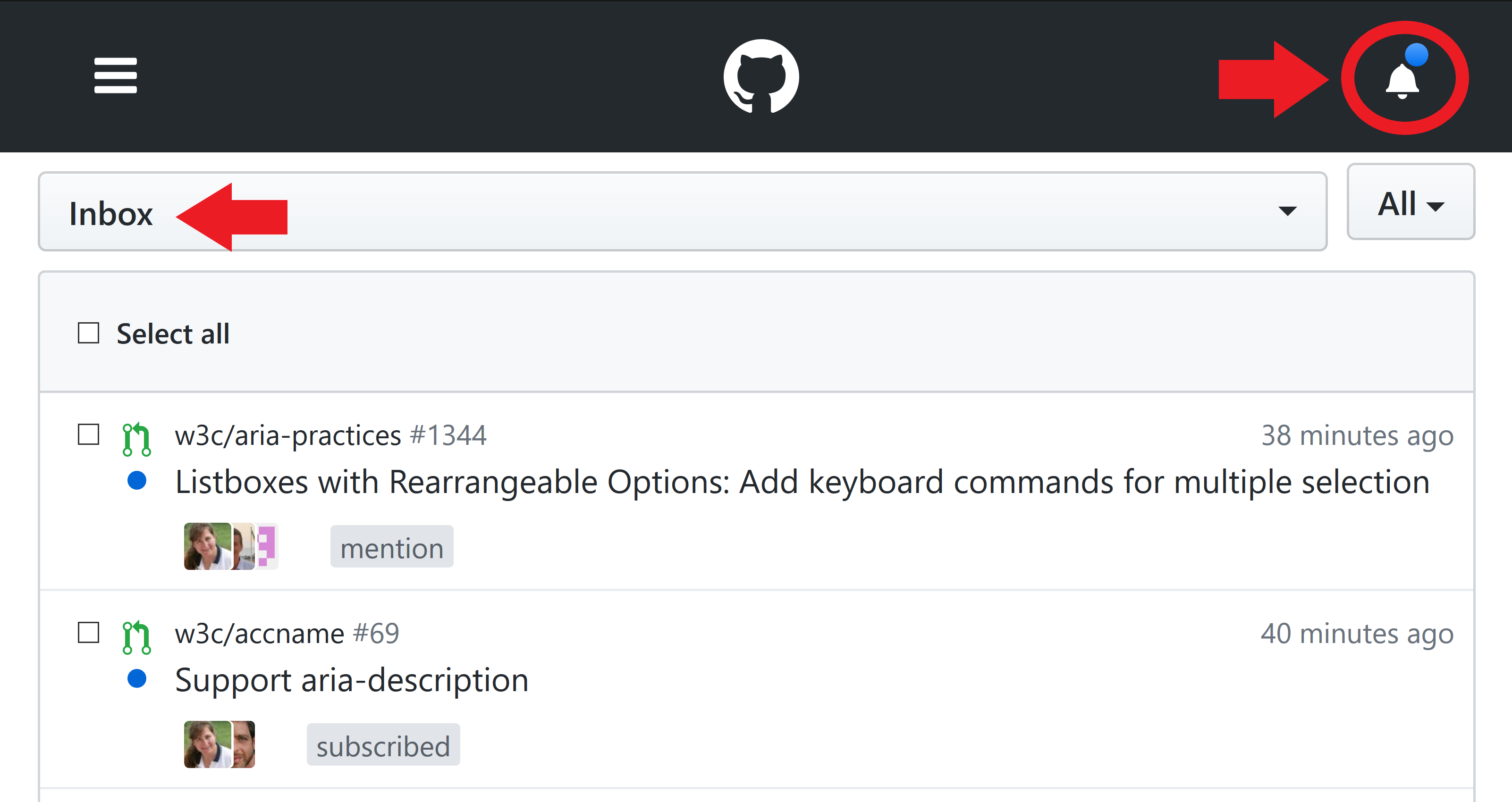 github notification center showing icon and notification inbox
