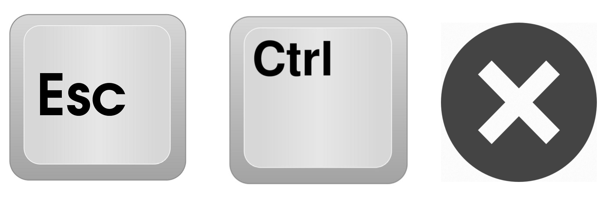 an escape key, a control key, and a close icon