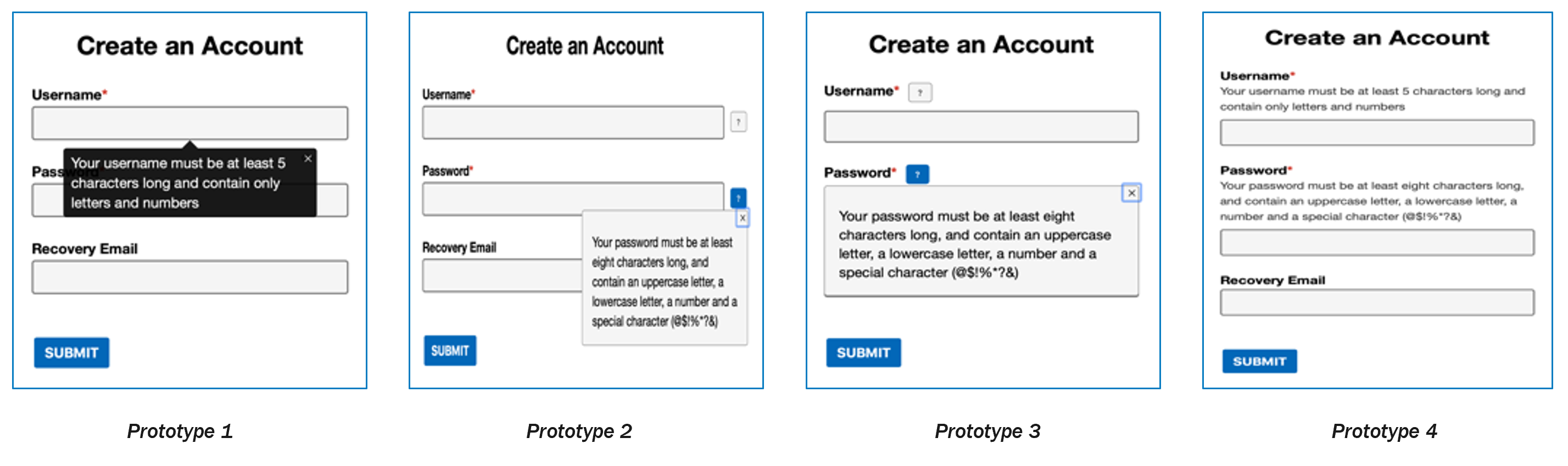 four styles of tips on a form: tooltip, two toggle tips, and static text