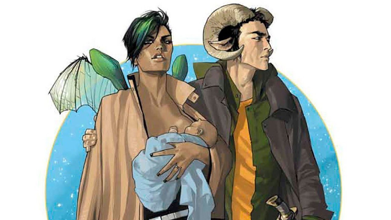 Two fairies drawn in a realistic comic book style, one holding a child