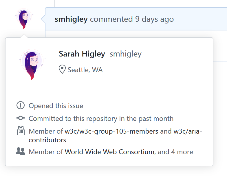 hover card showing my github profile information next to my github avatar