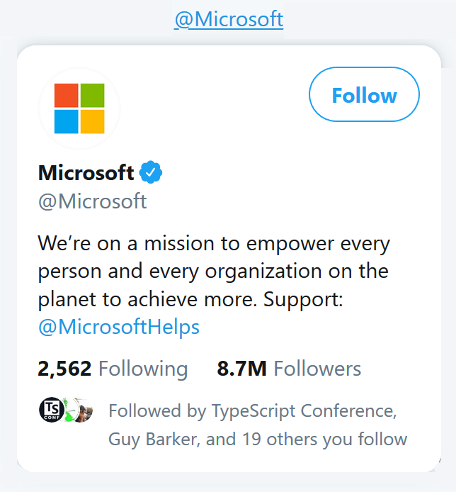 Twitter profile hover card for the Microsoft account