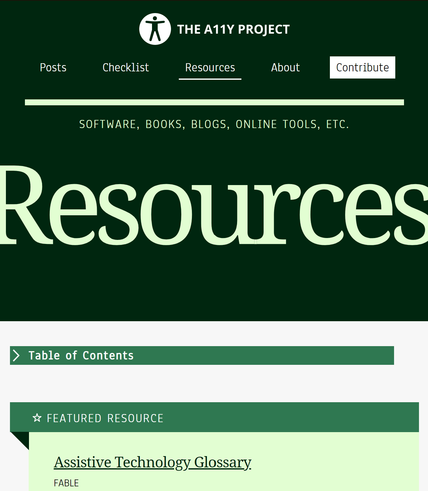 screenshot of the top half of the resources page of a11yproject.com