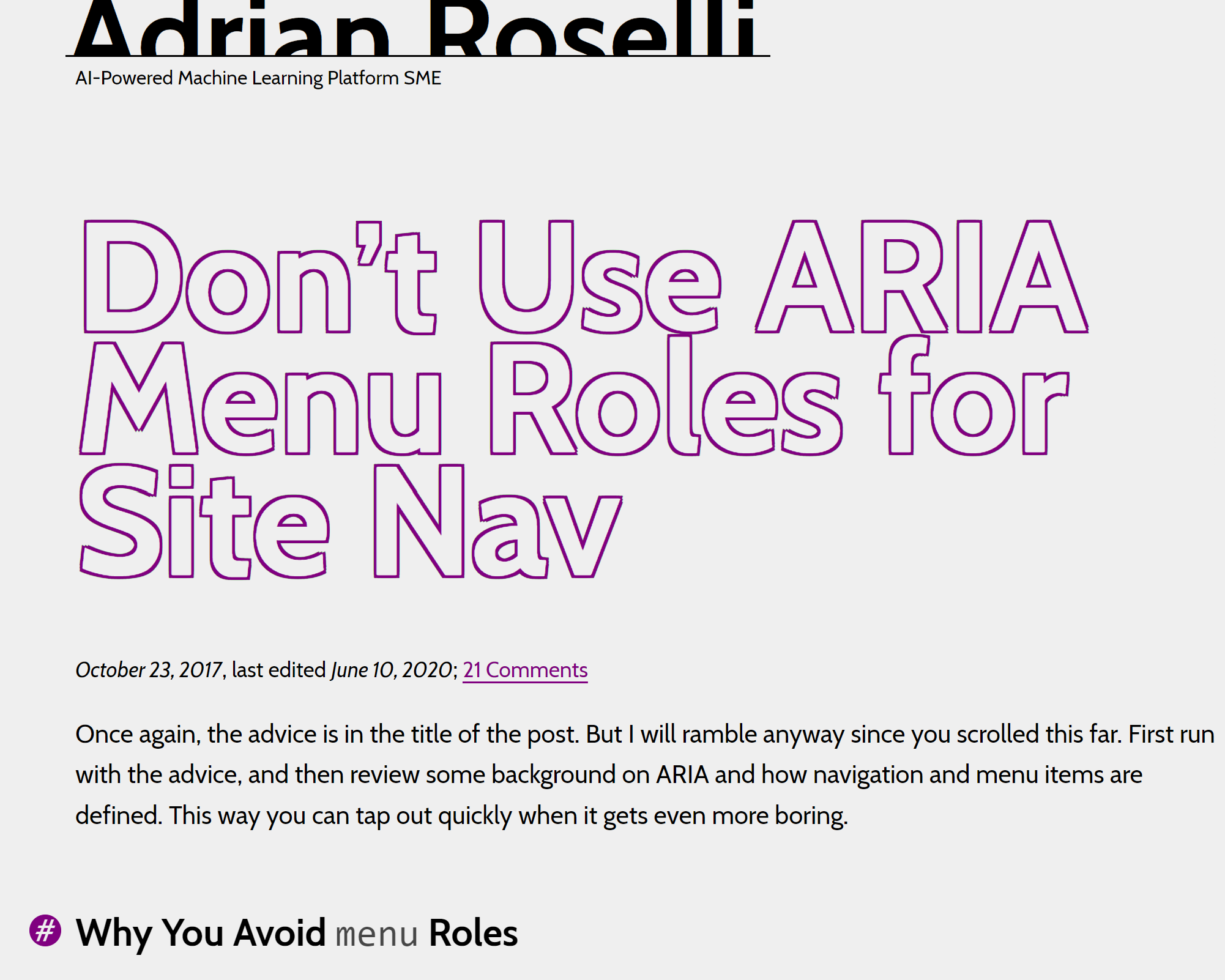 screenshot of Adrian Roselli's blog, showing the article titled Don't Use ARIA Menu Roles for Site Nav