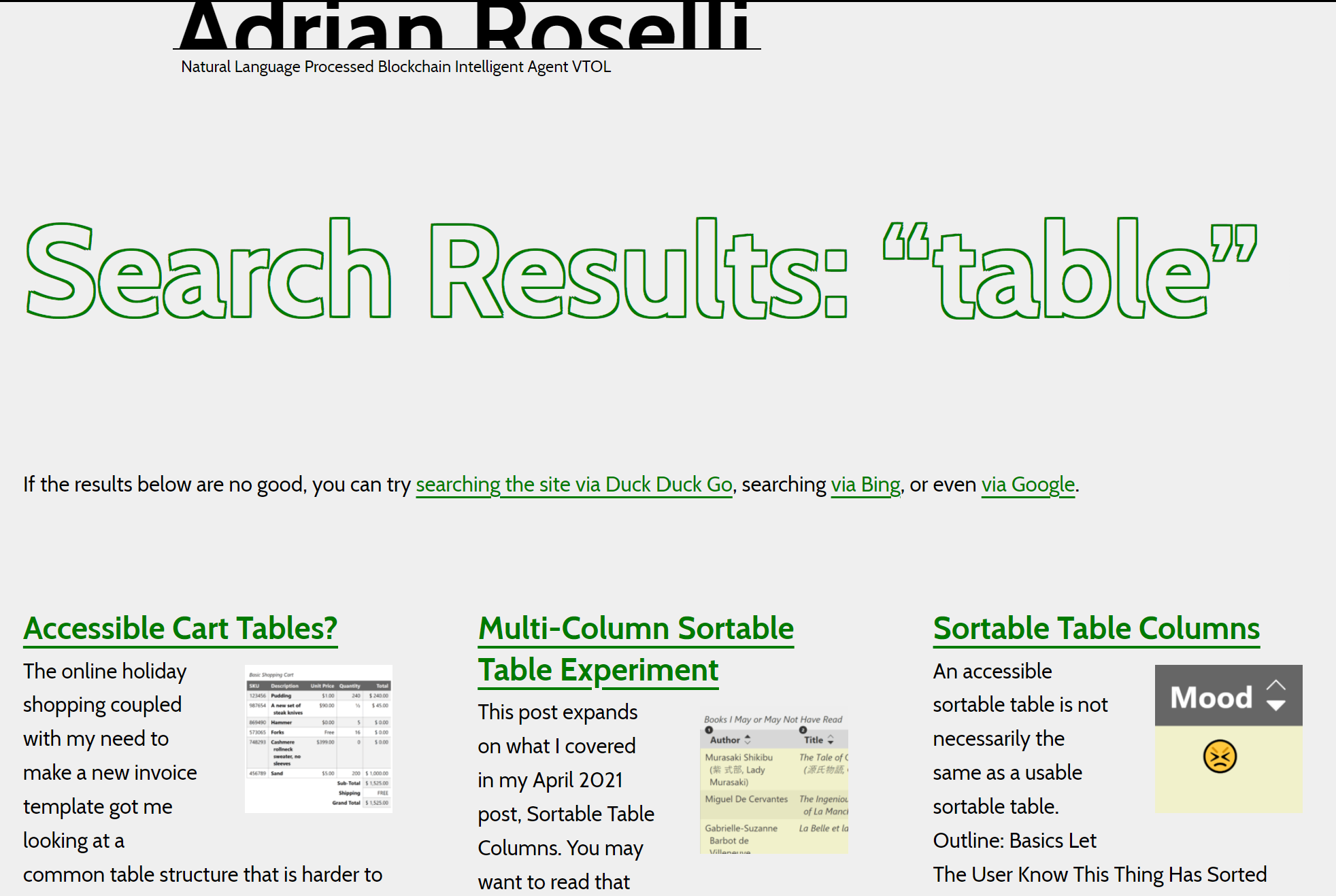 screenshot of Adrian Roselli's website showing multiple search results for the word table