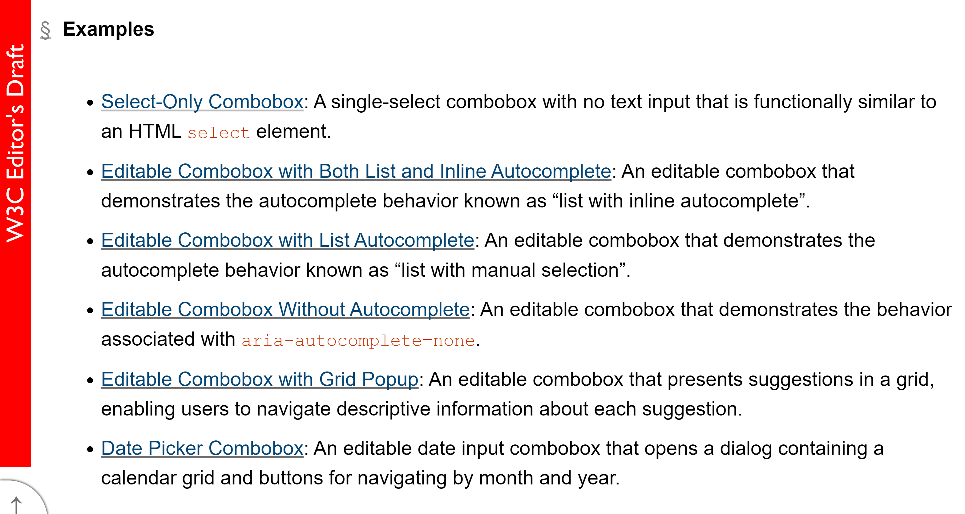 screenshot of the ARIA practices list of 6 different combobox examples, from a select-only combobox to editable comboboxes, to a datepicker combo