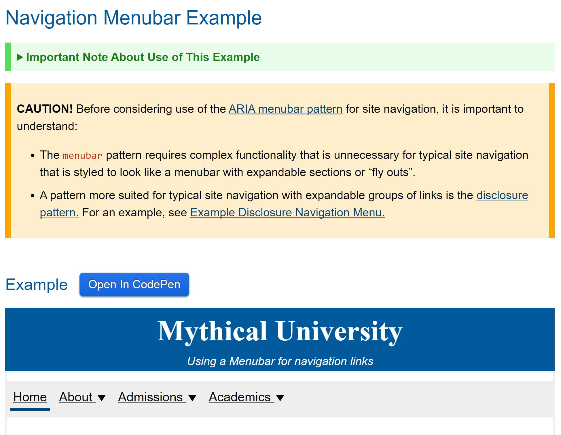screenshot of the ARIA Practices example of using a menubar role for site navigation, showing a warning about using menubar for site navigation