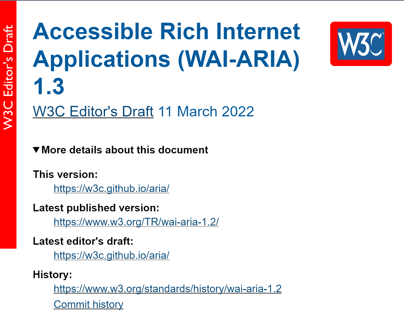 screenshot of the ARIA spec heading and first half page