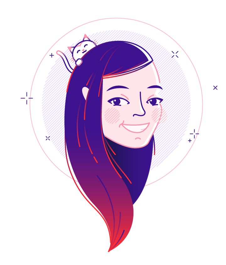 illustrated avatar of Sarah, with purple hair and a cat peaking out from behind her head