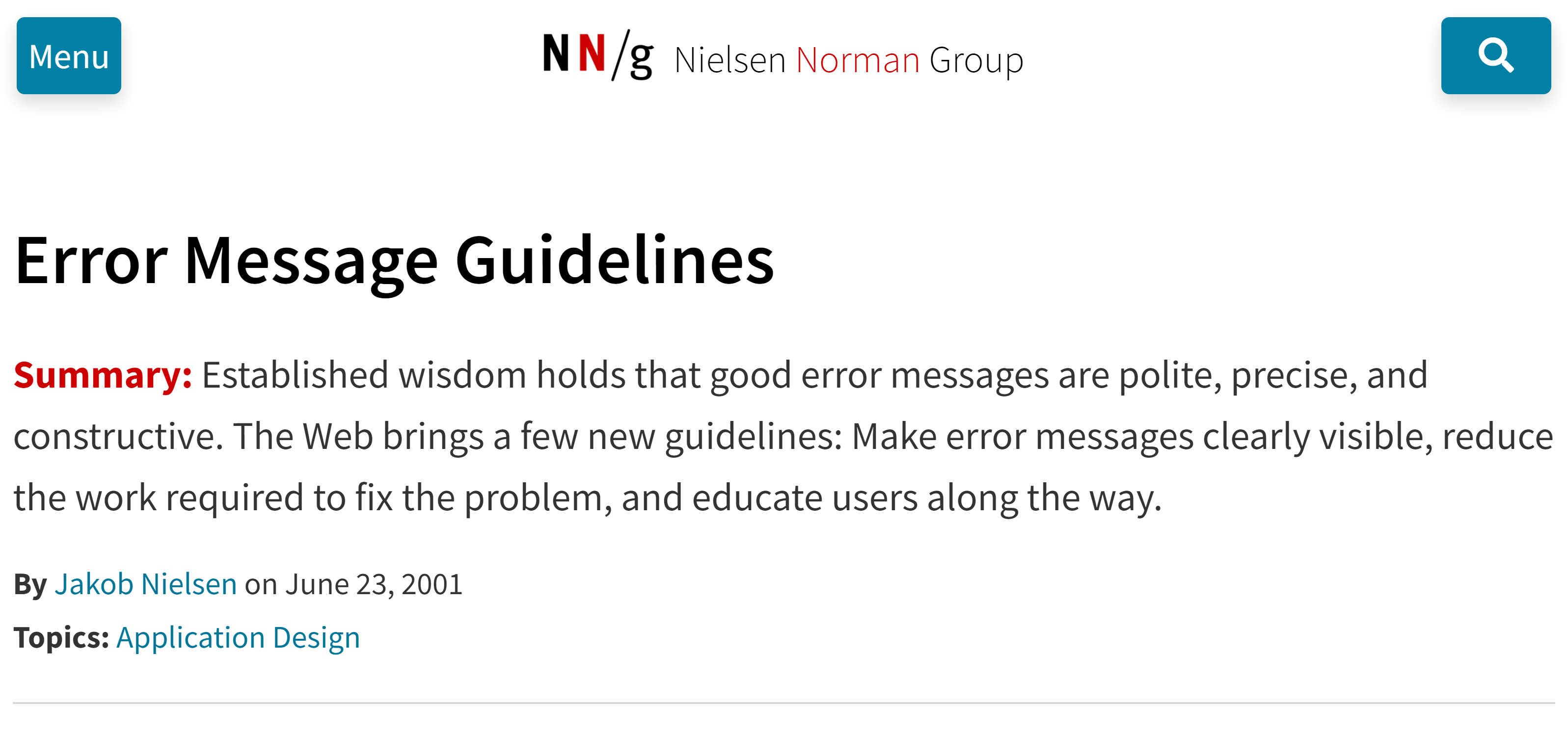 article titled Error message guidelines from the Nielson Norman Group