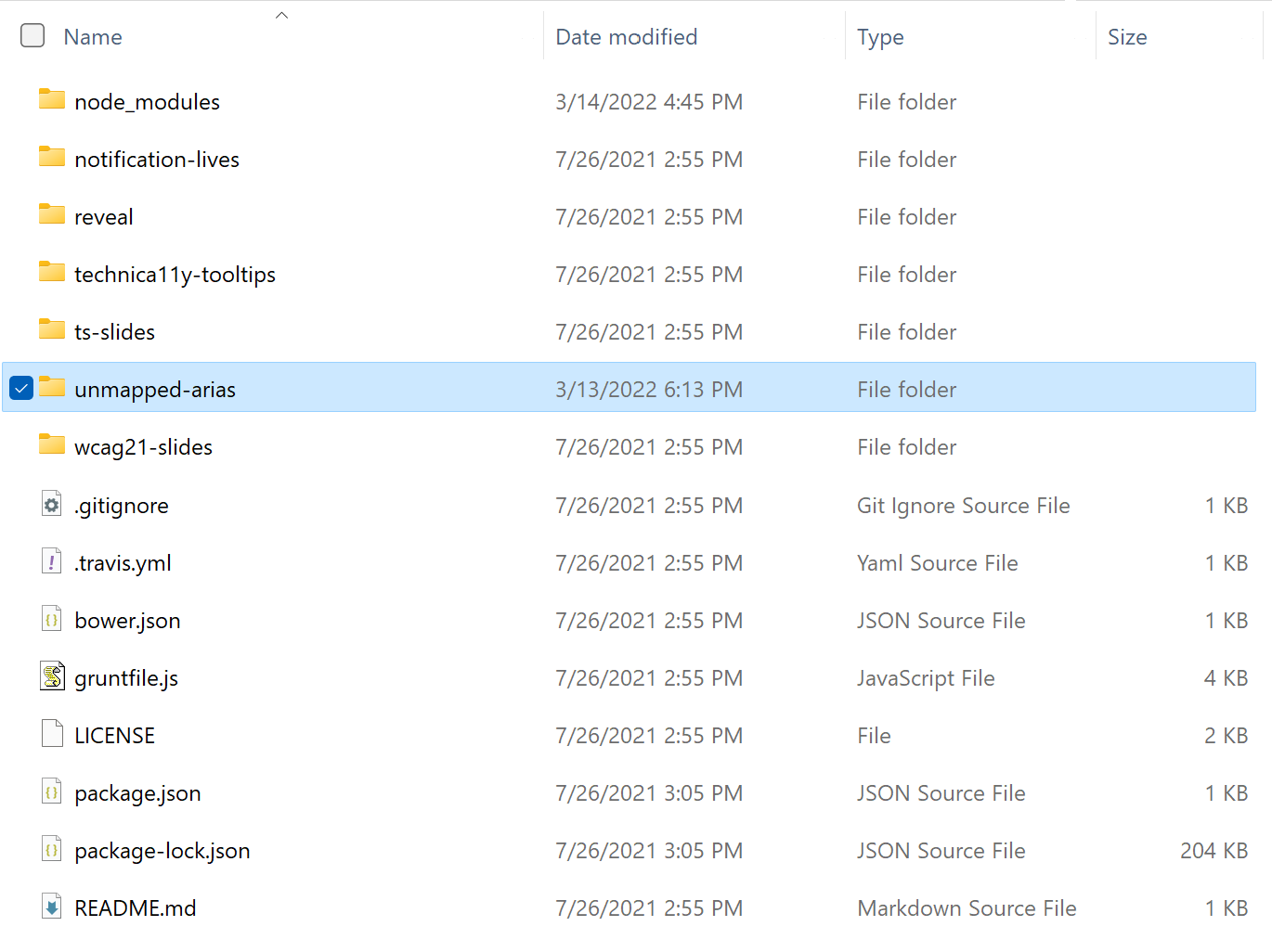 screenshot of Windows File Explorer, showing the table view for the same files for this presentation repository