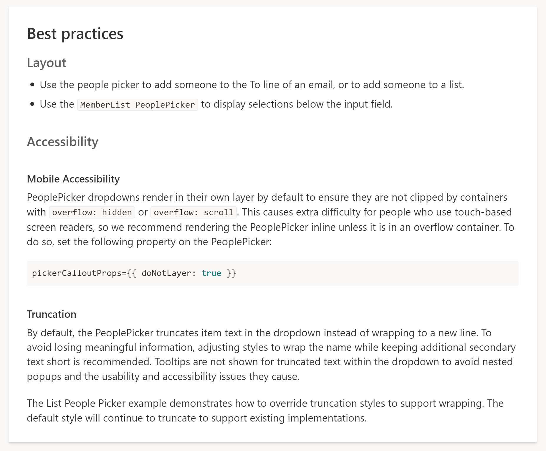 screenshot of the Fluent best practices for its peoplepicker combobox component, showing advice for mobile accessibility and truncation