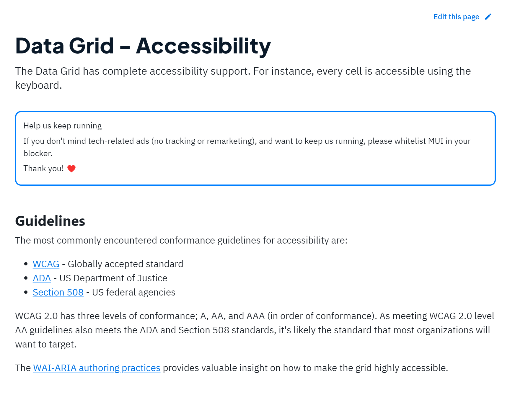 screenshot of the material UI accessibility docs for its data grid, claiming complete accessibility support