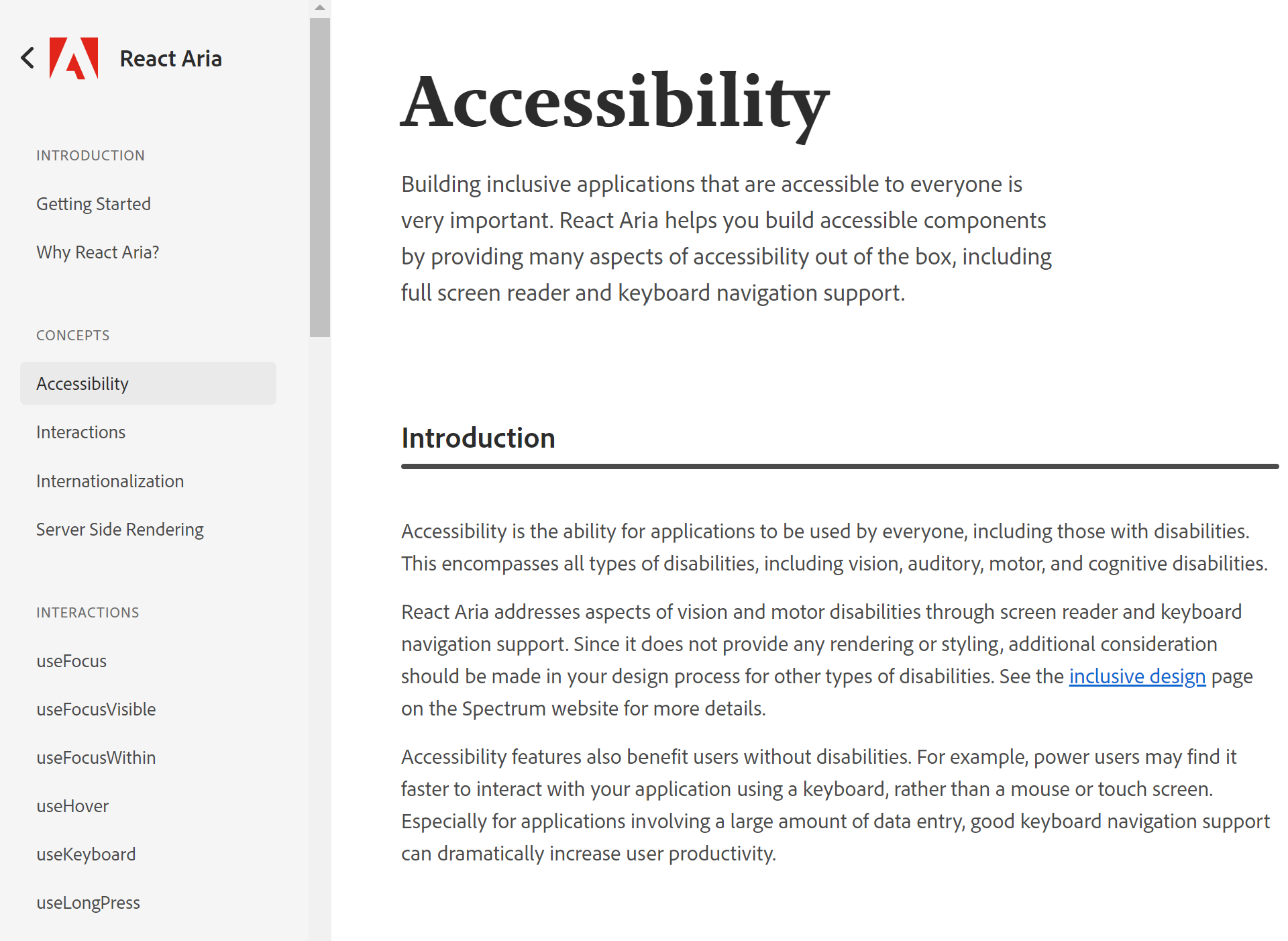 screenshot of the accessibility section of Adobe's React ARIA package, showing generic intro to accessibility text
